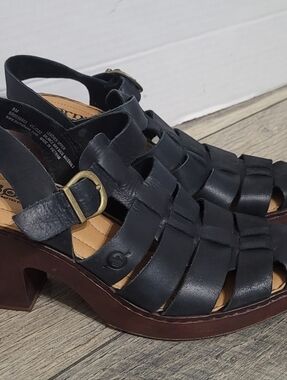 Born Hatley Black Leather Woven Slingback Chunky Heel Sandal Fisherman Style Sz8